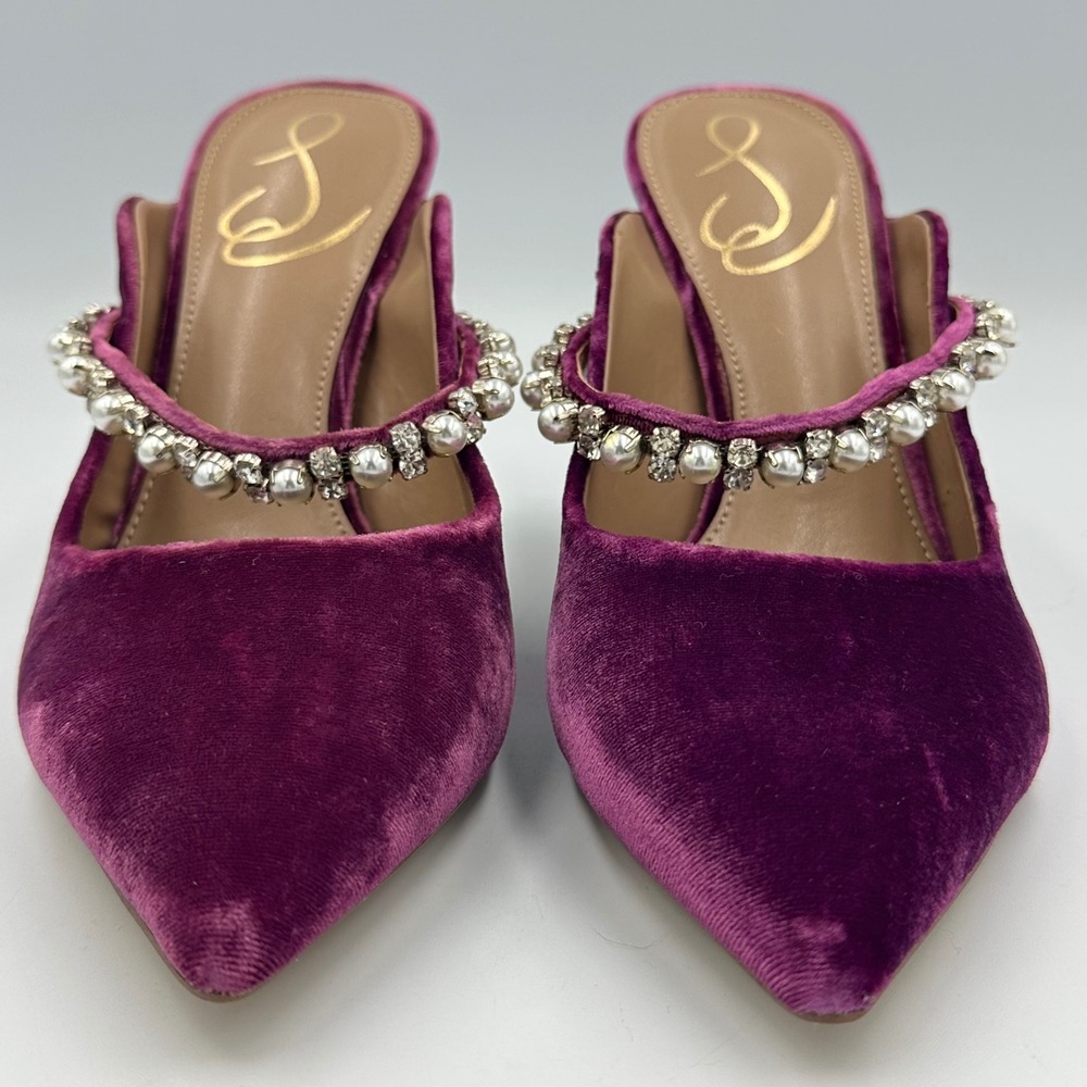 Sam Edelman Hyland Velvet Mule Heels 6.5 Purple Pearl Crystal Strap Glam Y2K NIB - Picture 9 of 16